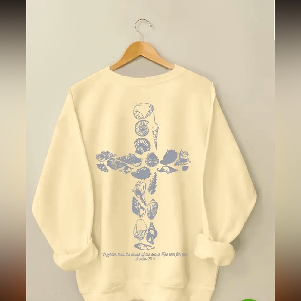 NIB Cream Sweatshirt with Blue Seashell Cross and Bible Verse Design